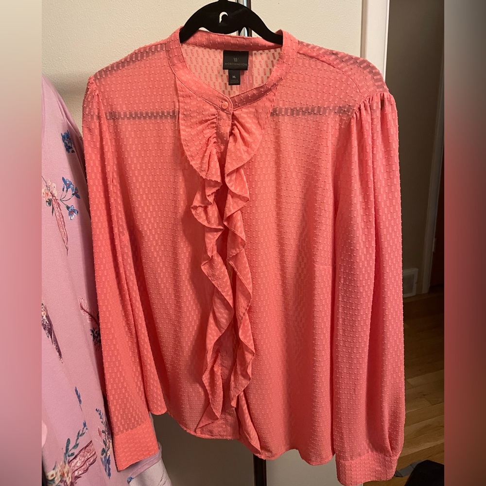 Dark peach long sleeve button up shirt with ruffle center size XL